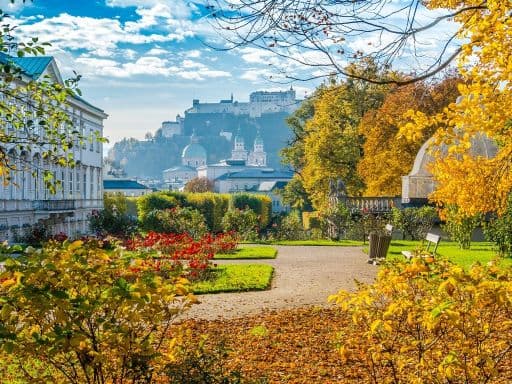 Mirabell Gardens with the old historic Fortress Hohensalzburg in the background in Salzburg