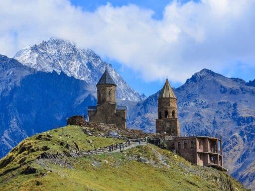 Gergeti Trinity Church (Tsminda Sameba) in Kazbegi, Georgia. The Church near the village of Gergeti