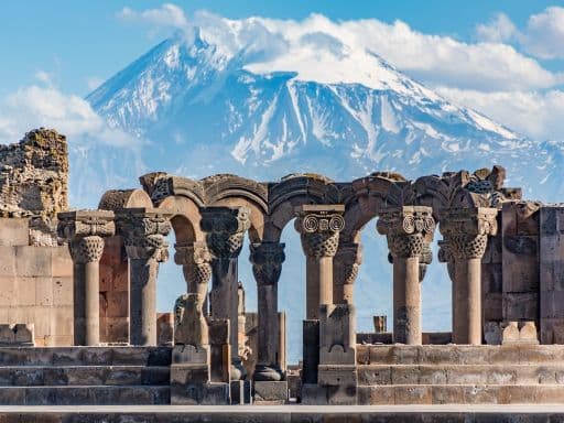 Ruins of the Zvartnos temple in Yerevan, Armenia, with Mt Ararat in the background