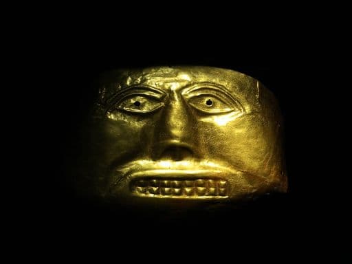 Golden mask in the Gold Museum, Bogota, Colombia. Tolima culture, Pre-Columbian America