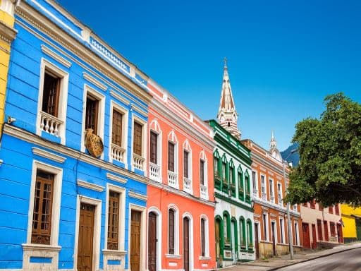 Colorful building in La Candelaria neighborhood in the historic center of Bogota, Colombia